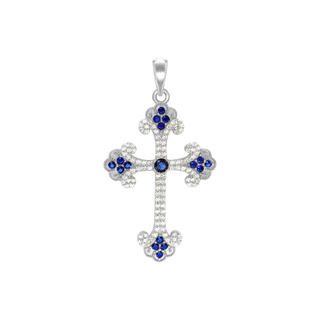 Sterling Silver Budded Cross Pendant with Dark Blue Cubic Zirconia (44 x 26 mm)