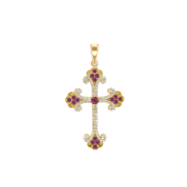 Sterling Silver Budded Cross Pendant with Pink Cubic Zirconia (44 x 26 mm)