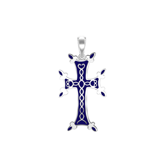 Sterling Silver Armenian Cross Pendant with Dark Blue Enamel (33 x 18 mm)