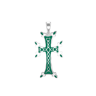 Sterling Silver Armenian Cross Pendant with Green Enamel (33 x 18 mm)