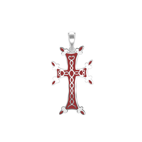 Sterling Silver Armenian Cross Pendant with Red Enamel (33 x 18 mm)