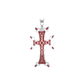 Sterling Silver Armenian Cross Pendant with Red Enamel (33 x 18 mm)