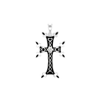 Sterling Silver Armenian Cross Pendant with Cubic Zirconia and Black Enamel (45 x 24 mm)