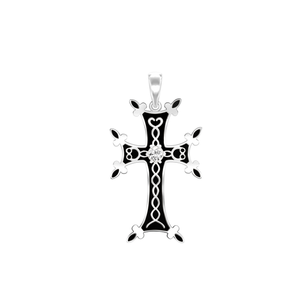 Sterling Silver Armenian Cross Pendant with Cubic Zirconia and Black Enamel (45 x 24 mm)