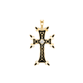 Sterling Silver Armenian Cross Pendant with Cubic Zirconia and Black Enamel (45 x 24 mm)