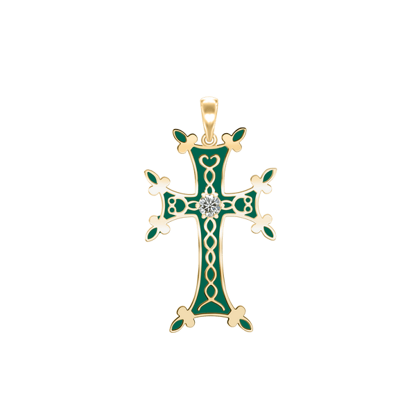 Sterling Silver Armenian Cross Pendant with Cubic Zirconia and Green Enamel (45 x 24 mm)