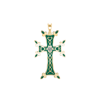 Sterling Silver Armenian Cross Pendant with Cubic Zirconia and Green Enamel (45 x 24 mm)