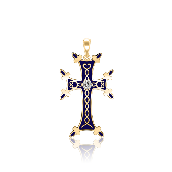 Sterling Silver Armenian Cross Pendant with Cubic Zirconia and Dark Blue Enamel (45 x 24 mm)