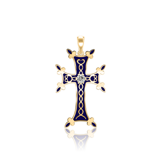 Sterling Silver Armenian Cross Pendant with Cubic Zirconia and Dark Blue Enamel (45 x 24 mm)
