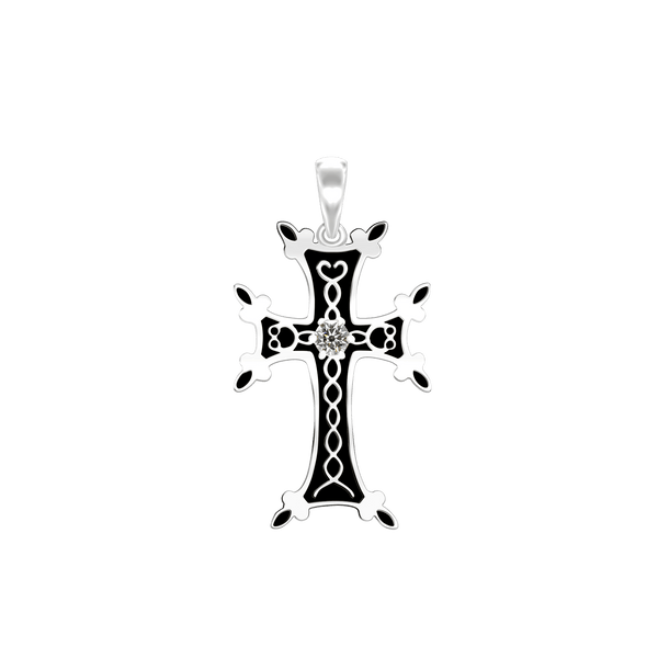 Sterling Silver Armenian Cross Pendant with Cubic Zirconia and Black Enamel (33 x 18 mm)