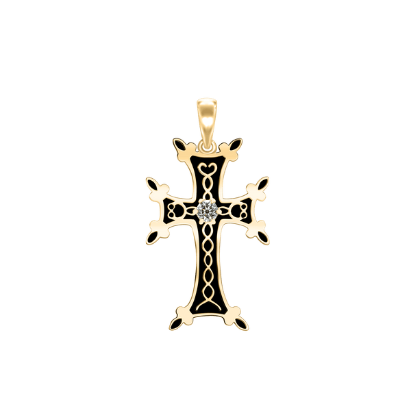 Sterling Silver Armenian Cross Pendant with Cubic Zirconia and Black Enamel (33 x 18 mm)