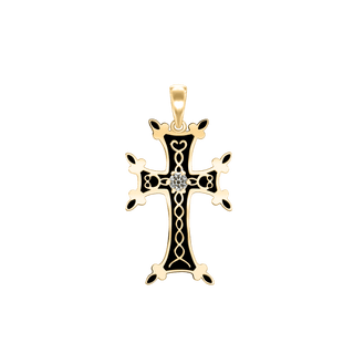 Sterling Silver Armenian Cross Pendant with Cubic Zirconia and Black Enamel (33 x 18 mm)