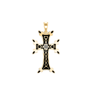 Sterling Silver Armenian Cross Pendant with Cubic Zirconia and Black Enamel (33 x 18 mm)