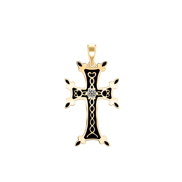 Sterling Silver Armenian Cross Pendant with Cubic Zirconia and Black Enamel (33 x 18 mm)