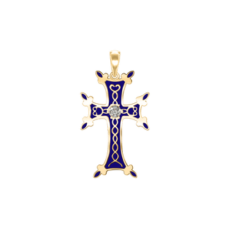 Sterling Silver Armenian Cross Pendant with Cubic Zirconia and Dark Blue Enamel (33 x 18 mm)