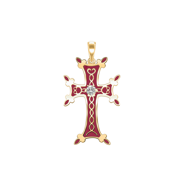 Sterling Silver Armenian Cross Pendant with Cubic Zirconia and Red Enamel (33 x 18 mm)