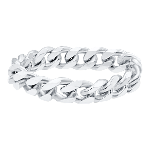 Solid Cuban Curb Chain Ring in 14K White Gold (Sizes 4-12) (2.4 mm - 5.2 mm)