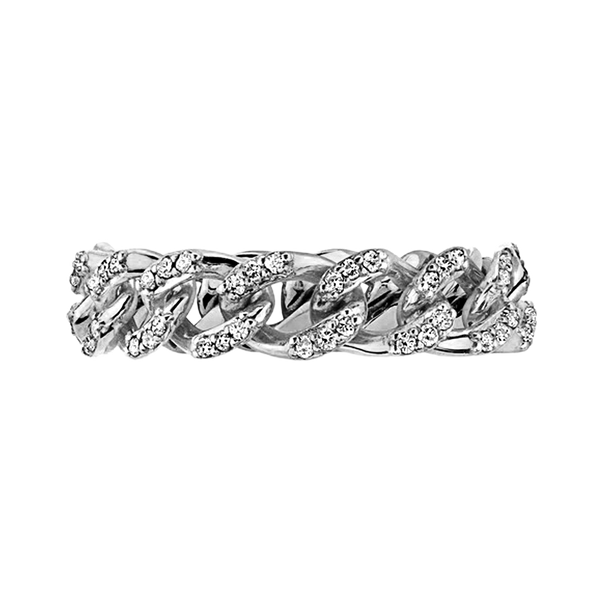 Classic Curb Chain Ring with Pave Set Natural Diamonds in 14K White Gold (Sizes 5-10) (4.2 mm - 5.2 mm)