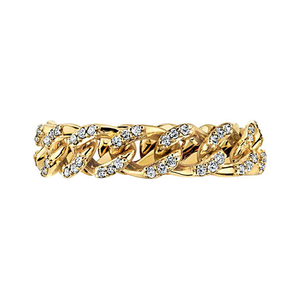Classic Curb Chain Ring with Pave Set Natural Diamonds in 14K Yellow Gold (Sizes 5-10) (4.2 mm - 5.2 mm)