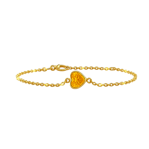 Diamond or Gemstone Heart Bezel Charm in 14K Yellow Diamond Cut Cable Bracelet