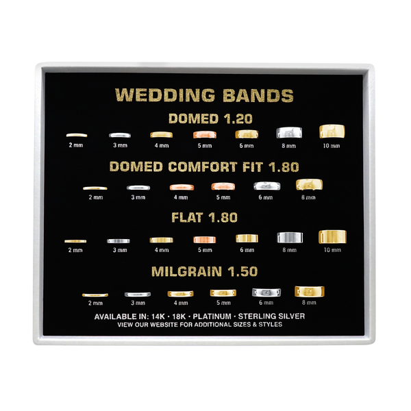 Gold, Platinum, and Sterling Silver Wedding Band Sample Tray in Sterling Silver