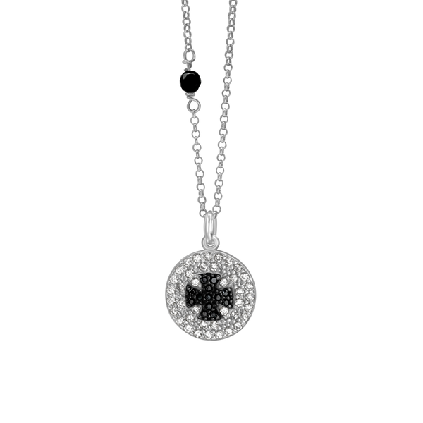 Cross Disk Necklace with Cubic Zirconia in Sterling Silver (14  x 14 mm)