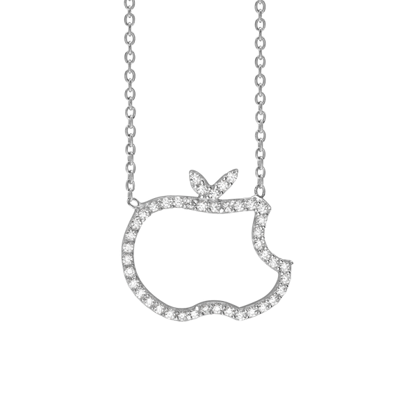 Apple Outline Necklace with Cubic Zirconia in Sterling Silver (16 x 16 mm)