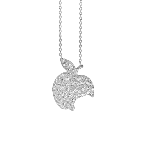 Bitten Apple Necklace with Cubic Zirconia in Sterling Silver (23 x 17 mm)