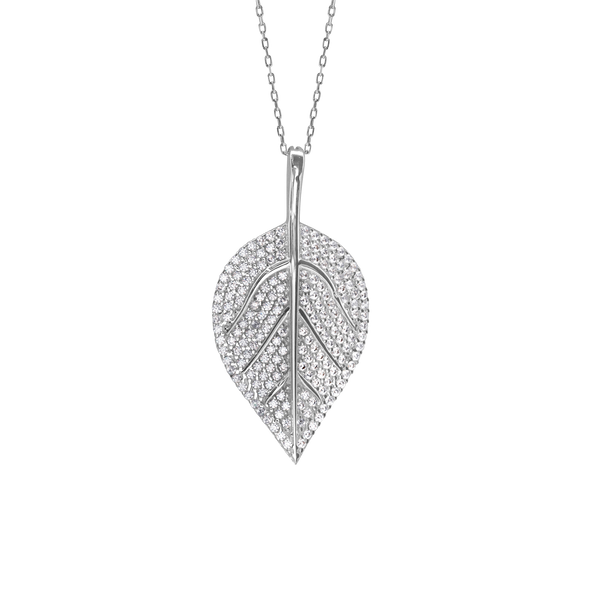 Large Leaf Necklace with Cubic Zirconia in Sterling Silver (37 x 19 mm)