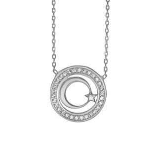 Encircled Moon and Star Necklace with Cubic Zirconia in Sterling Silver (15 x 15 mm)