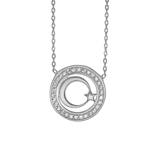 Encircled Moon and Star Necklace with Cubic Zirconia in Sterling Silver (15 x 15 mm)