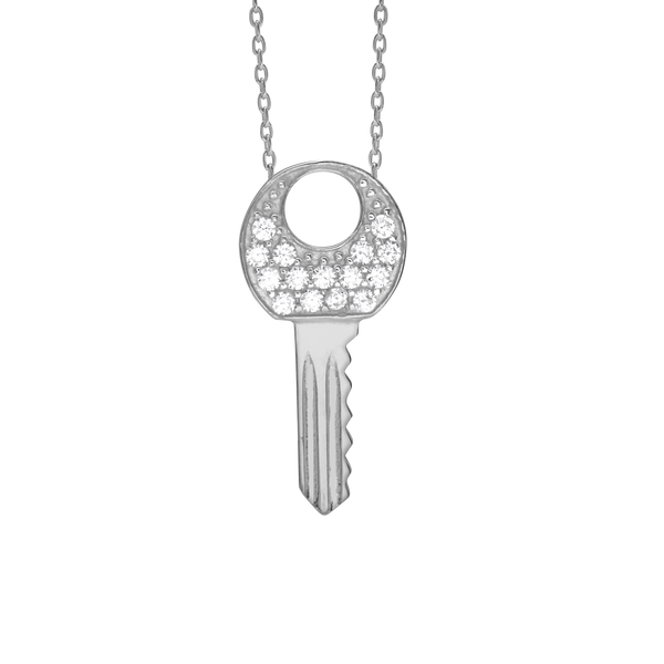 Key Necklace with Cubic Zirconia in Sterling Silver (23 x 11 mm)