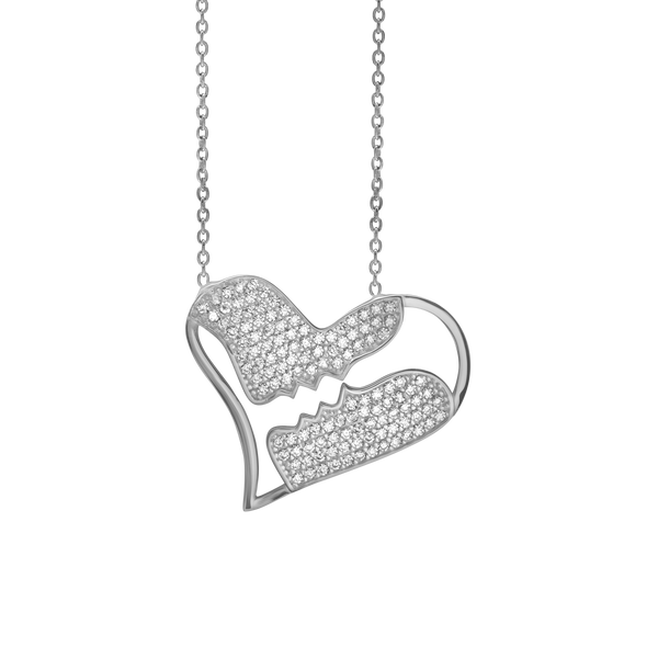 Heart with Kissing Faces Necklace with Cubic Zirconia in Sterling Silver (22 x 26 mm)