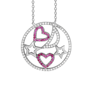 Heart, Moon, and Stars Necklace with Cubic Zirconia in Sterling Silver (25 x 25 mm)