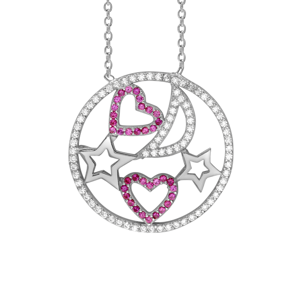 Heart, Moon, and Stars Necklace with Cubic Zirconia in Sterling Silver (25 x 25 mm)