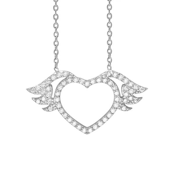 Heart with Wings Necklace with Cubic Zirconia in Sterling Silver (16 x 29 mm)