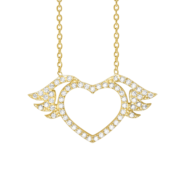 Heart with Wings Necklace with Cubic Zirconia in Sterling Silver (16 x 29 mm)