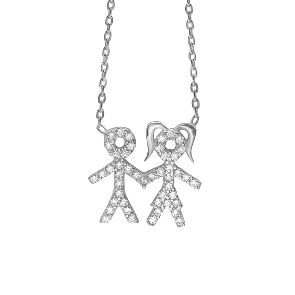 Boy & Girl Necklace with Cubic Zirconia in Sterling Silver (14 x 14 mm)