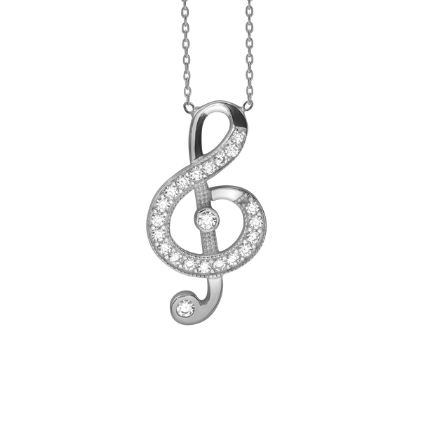 Treble Clef Necklace with Cubic Zirconia in Sterling Silver (25 x 13 mm)