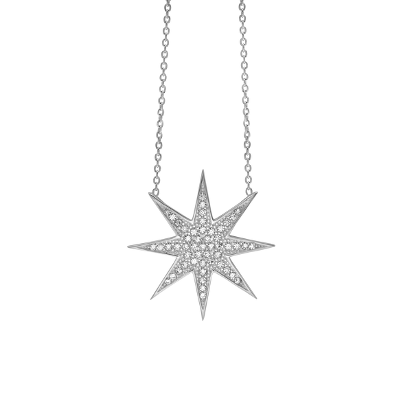 8 Pointed Star Necklace with Cubic Zirconia in Sterling Silver (25 x 25 mm)