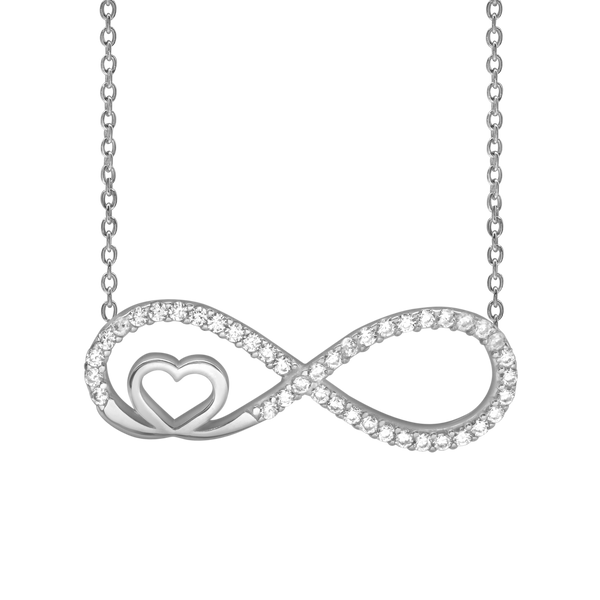 Infinity with Small Heart Necklace with Cubic Zirconia in Sterling Silver (29 x 10 mm)