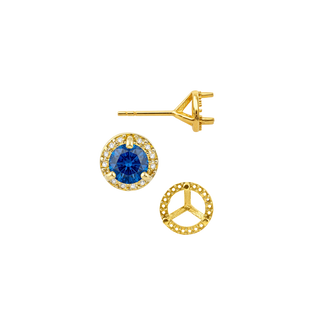 14K Gold Round Three Prong Halo Earrings with Push Post