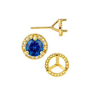 14K Gold Round Three Prong Halo Earrings with Push Post