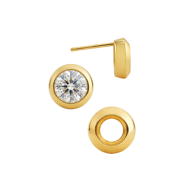 14K Gold Pre-Seated Round Bezel Earrings with Push Post