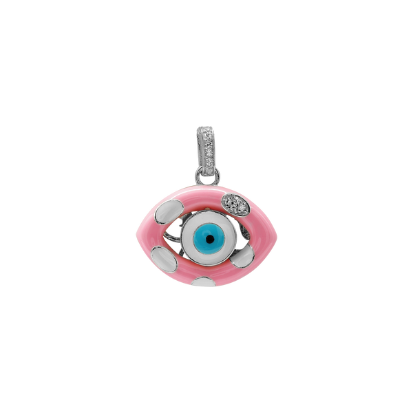 Sterling Silver Evil Eye Pendant with Pink and White Enamel (24 x 22 mm)