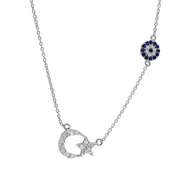 Sterling Silver Moon, Star, and Evil Eye Necklace (Center Pendant: 12.5 mm)