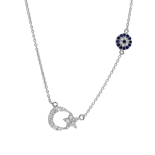 Sterling Silver Moon, Star, and Evil Eye Necklace (Center Pendant: 12.5 mm)