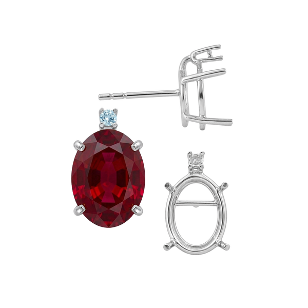 Oval Four Prong Basket Earrings with One Accent with Push Post