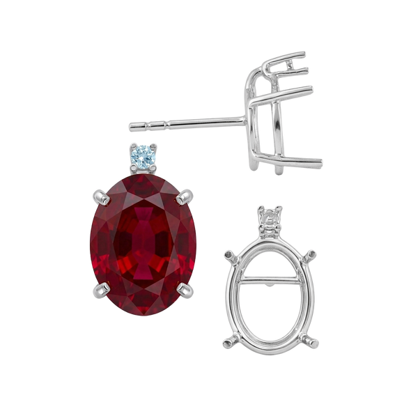 Oval Four Prong Basket Earrings with One Accent with Push Post