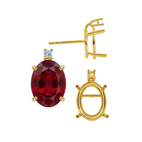 Oval Four Prong Basket Earrings with One Accent with Push Post